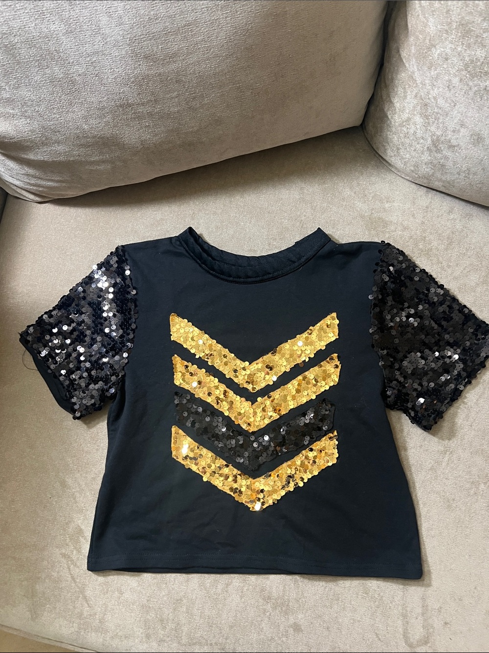 Weissman Costumes Dance Black Tee with Gold Sequin & Black Sequin Sleeves MC